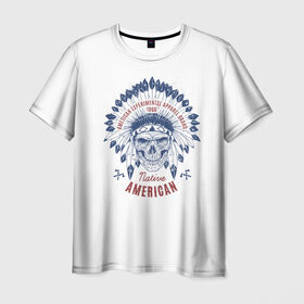 Мужская футболка 3D с принтом Native American в Новосибирске, 100% полиэфир | прямой крой, круглый вырез горловины, длина до линии бедер | america | chieftain | feathers | indian | native american | skeleton | skull | tattoo | америка | американец | вождь | индеец | перья | скелет | тату | череп