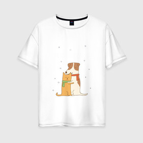 Женская футболка хлопок Oversize с принтом Кот и пес в Новосибирске, 100% хлопок | свободный крой, круглый ворот, спущенный рукав, длина до линии бедер
 | год собаки | котик | мемес | москва | новый год | россия | собака