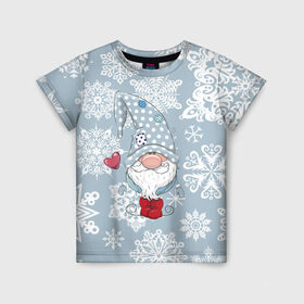 Детская футболка 3D с принтом Милый гномик в Новосибирске, 100% гипоаллергенный полиэфир | прямой крой, круглый вырез горловины, длина до линии бедер, чуть спущенное плечо, ткань немного тянется | happy new year | волшебство | гном | гномик | новый год | снег | снежинки