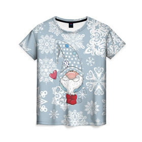 Женская футболка 3D с принтом Милый гномик в Новосибирске, 100% полиэфир ( синтетическое хлопкоподобное полотно) | прямой крой, круглый вырез горловины, длина до линии бедер | happy new year | волшебство | гном | гномик | новый год | снег | снежинки