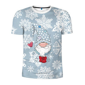 Мужская футболка 3D спортивная с принтом Милый гномик в Новосибирске, 100% полиэстер с улучшенными характеристиками | приталенный силуэт, круглая горловина, широкие плечи, сужается к линии бедра | happy new year | волшебство | гном | гномик | новый год | снег | снежинки