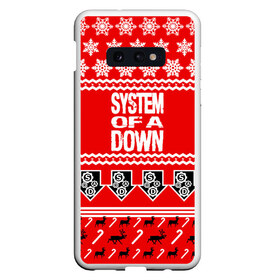 Чехол для Samsung S10E с принтом Праздничный System of a Down в Новосибирске, Силикон | Область печати: задняя сторона чехла, без боковых панелей | soad | soil | system of a down | группа | дав | дарон малакян | джон долмаян | знак | красный | надпись | новогодний | новый год | оф | праздник | рождество | рок | серж танкян | систем | снежинки | соад | сод | соэд