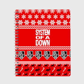 Тетрадь с принтом Праздничный System of a Down в Новосибирске, 100% бумага | 48 листов, плотность листов — 60 г/м2, плотность картонной обложки — 250 г/м2. Листы скреплены сбоку удобной пружинной спиралью. Уголки страниц и обложки скругленные. Цвет линий — светло-серый
 | soad | soil | system of a down | группа | дав | дарон малакян | джон долмаян | знак | красный | надпись | новогодний | новый год | оф | праздник | рождество | рок | серж танкян | систем | снежинки | соад | сод | соэд