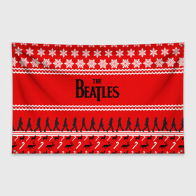 Флаг-баннер с принтом Праздничный The Beatles в Новосибирске, 100% полиэстер | размер 67 х 109 см, плотность ткани — 95 г/м2; по краям флага есть четыре люверса для крепления | beatles | the beatles | бител | битлз | битлс | битлы | группа | джон леннон | джордж харрисон | жуки | знак | красный | ливерпульская четвёрка | мерсибит | надпись | новогодний | новый год | пол маккартни | поп
