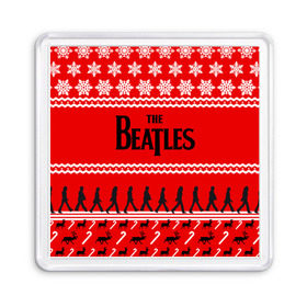 Магнит 55*55 с принтом Праздничный The Beatles в Новосибирске, Пластик | Размер: 65*65 мм; Размер печати: 55*55 мм | beatles | the beatles | бител | битлз | битлс | битлы | группа | джон леннон | джордж харрисон | жуки | знак | красный | ливерпульская четвёрка | мерсибит | надпись | новогодний | новый год | пол маккартни | поп