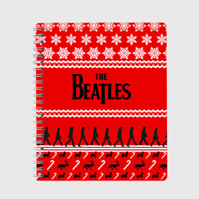 Тетрадь с принтом Праздничный The Beatles в Новосибирске, 100% бумага | 48 листов, плотность листов — 60 г/м2, плотность картонной обложки — 250 г/м2. Листы скреплены сбоку удобной пружинной спиралью. Уголки страниц и обложки скругленные. Цвет линий — светло-серый
 | beatles | the beatles | бител | битлз | битлс | битлы | группа | джон леннон | джордж харрисон | жуки | знак | красный | ливерпульская четвёрка | мерсибит | надпись | новогодний | новый год | пол маккартни | поп