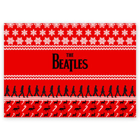 Поздравительная открытка с принтом Праздничный The Beatles в Новосибирске, 100% бумага | плотность бумаги 280 г/м2, матовая, на обратной стороне линовка и место для марки
 | beatles | the beatles | бител | битлз | битлс | битлы | группа | джон леннон | джордж харрисон | жуки | знак | красный | ливерпульская четвёрка | мерсибит | надпись | новогодний | новый год | пол маккартни | поп