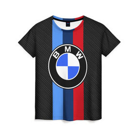 Женская футболка 3D с принтом BMW Motorsport Carbon в Новосибирске, 100% полиэфир ( синтетическое хлопкоподобное полотно) | прямой крой, круглый вырез горловины, длина до линии бедер | bmw | bmw motorsport | bmw performance | carbon | m | motorsport | performance | sport | бмв | карбон | моторспорт | спорт