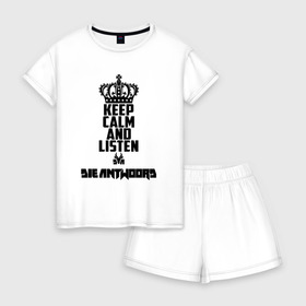 Женская пижама с шортиками хлопок с принтом Keep calm and listen Die Antwoord в Новосибирске, 100% хлопок | футболка прямого кроя, шорты свободные с широкой мягкой резинкой | da | die antwoord | dj hi tek | ninja | группа | да | диа адвордс | диа антвордс | диа антворс | диа антордс | диджей | зэф | йо ланди фиссер | ответ | рейв | хип хоп