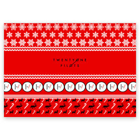 Поздравительная открытка с принтом Праздничный Twenty One Pilots в Новосибирске, 100% бумага | плотность бумаги 280 г/м2, матовая, на обратной стороне линовка и место для марки
 | Тематика изображения на принте: 21 pilots | красный | новогодний | рождество | снежинки