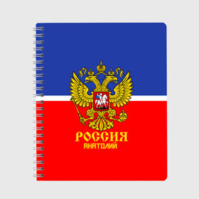 Тетрадь с принтом Хоккеист Анатолий в Новосибирске, 100% бумага | 48 листов, плотность листов — 60 г/м2, плотность картонной обложки — 250 г/м2. Листы скреплены сбоку удобной пружинной спиралью. Уголки страниц и обложки скругленные. Цвет линий — светло-серый
 | hockey | name | russia | sport | анатолий | имена | россия | русский | спорт | спортивный | униформа | форма | хоккеист | хоккей