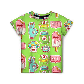 Детская футболка 3D с принтом Страшилки монстрики в Новосибирске, 100% гипоаллергенный полиэфир | прямой крой, круглый вырез горловины, длина до линии бедер, чуть спущенное плечо, ткань немного тянется | глаз | монстр | мороженое | мультик | приведение | розовый | ужасы | улыбка | цветная