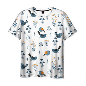 Мужская футболка 3D с принтом Воробушки в Новосибирске, 100% полиэфир | прямой крой, круглый вырез горловины, длина до линии бедер | воробей | зяблик | минимализм | паттерн | птицы | цветы | чиж