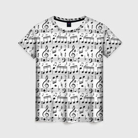 Женская футболка 3D с принтом Нотный стан в Новосибирске, 100% полиэфир ( синтетическое хлопкоподобное полотно) | прямой крой, круглый вырез горловины, длина до линии бедер | бемоль | диез | до | ля | ми | ноты | октава | паттерн | ре | си | скрипичный ключ | соль | фа