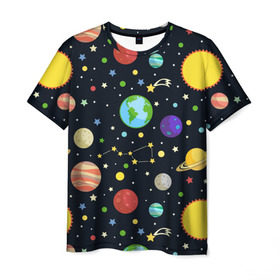 Мужская футболка 3D с принтом Солнечная система в Новосибирске, 100% полиэфир | прямой крой, круглый вырез горловины, длина до линии бедер | Тематика изображения на принте: большая медведица | венера | звезда | звезды | земля | космос | марс | меркурий | паттерн | сатурн | созвездия | солнце | уран | юпитер