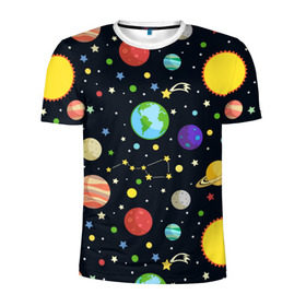 Мужская футболка 3D спортивная с принтом Солнечная система в Новосибирске, 100% полиэстер с улучшенными характеристиками | приталенный силуэт, круглая горловина, широкие плечи, сужается к линии бедра | большая медведица | венера | звезда | звезды | земля | космос | марс | меркурий | паттерн | сатурн | созвездия | солнце | уран | юпитер