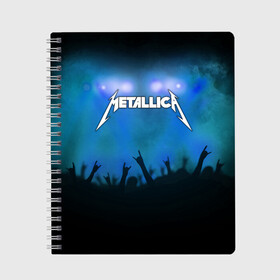 Тетрадь с принтом Metallica в Новосибирске, 100% бумага | 48 листов, плотность листов — 60 г/м2, плотность картонной обложки — 250 г/м2. Листы скреплены сбоку удобной пружинной спиралью. Уголки страниц и обложки скругленные. Цвет линий — светло-серый
 | Тематика изображения на принте: band | metal | metallica | music | rock | атрибутика | группа | метал | музыка | рок