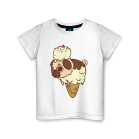 Детская футболка хлопок с принтом мопс-мороженое в Новосибирске, 100% хлопок | круглый вырез горловины, полуприлегающий силуэт, длина до линии бедер | pug | мопс