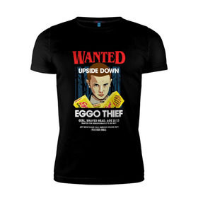 Мужская футболка премиум с принтом Wanted: Eggo Thief / 11 в Новосибирске, 92% хлопок, 8% лайкра | приталенный силуэт, круглый вырез ворота, длина до линии бедра, короткий рукав | 11 | netflix | stranger | things | бобби | браун | милли | нетфликс | одиннадцать