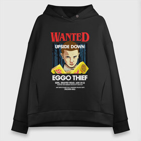 Женское худи Oversize хлопок с принтом Wanted Eggo Thief 11 в Новосибирске, френч-терри — 70% хлопок, 30% полиэстер. Мягкий теплый начес внутри —100% хлопок | боковые карманы, эластичные манжеты и нижняя кромка, капюшон на магнитной кнопке | 11 | netflix | stranger | things | бобби | браун | милли | нетфликс | одиннадцать