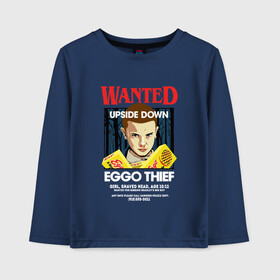 Детский лонгслив хлопок с принтом Wanted Eggo Thief 11 в Новосибирске, 100% хлопок | круглый вырез горловины, полуприлегающий силуэт, длина до линии бедер | Тематика изображения на принте: 11 | netflix | stranger | things | бобби | браун | милли | нетфликс | одиннадцать