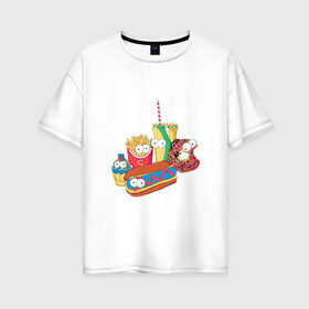 Женская футболка хлопок Oversize с принтом Вкусные Симпсоны в Новосибирске, 100% хлопок | свободный крой, круглый ворот, спущенный рукав, длина до линии бедер
 | bart | homer | simpsons | барт | гомер | лиза | макдак | макдональдс | мардж | мэгги | фастфуд
