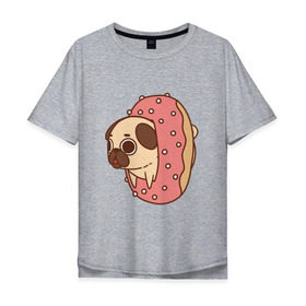 Мужская футболка хлопок Oversize с принтом мопс-пончик в Новосибирске, 100% хлопок | свободный крой, круглый ворот, “спинка” длиннее передней части | Тематика изображения на принте: pug | мопс