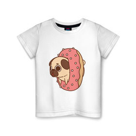 Детская футболка хлопок с принтом мопс-пончик в Новосибирске, 100% хлопок | круглый вырез горловины, полуприлегающий силуэт, длина до линии бедер | pug | мопс