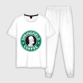 Мужская пижама хлопок с принтом Springfield Coffee в Новосибирске, 100% хлопок | брюки и футболка прямого кроя, без карманов, на брюках мягкая резинка на поясе и по низу штанин
 | homer | simpsons | гомер | лого | спрингфилд | старбакс