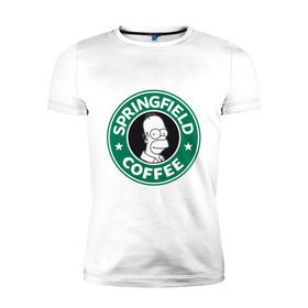Мужская футболка премиум с принтом Springfield Coffee в Новосибирске, 92% хлопок, 8% лайкра | приталенный силуэт, круглый вырез ворота, длина до линии бедра, короткий рукав | homer | simpsons | гомер | лого | спрингфилд | старбакс