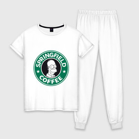 Женская пижама хлопок с принтом Springfield Coffee в Новосибирске, 100% хлопок | брюки и футболка прямого кроя, без карманов, на брюках мягкая резинка на поясе и по низу штанин | homer | simpsons | гомер | лого | спрингфилд | старбакс