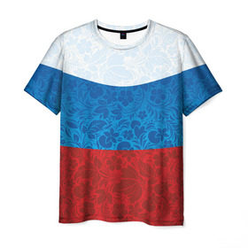 Мужская футболка 3D с принтом Россия хохлома триколор в Новосибирске, 100% полиэфир | прямой крой, круглый вырез горловины, длина до линии бедер | Тематика изображения на принте: russia | россия | россия триколор | россия хохлома | триколор | флаг рф | хозлома | хохлома