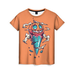 Женская футболка 3D с принтом Тыквенное мороженое в Новосибирске, 100% полиэфир ( синтетическое хлопкоподобное полотно) | прямой крой, круглый вырез горловины, длина до линии бедер | день всех святых | мороженое | морожка | оранжевый | рожок | светильник джека | тыква | хеллоуин | хэллоуин