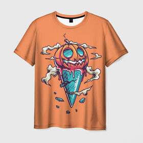 Мужская футболка 3D с принтом Тыквенное мороженое в Новосибирске, 100% полиэфир | прямой крой, круглый вырез горловины, длина до линии бедер | Тематика изображения на принте: день всех святых | мороженое | морожка | оранжевый | рожок | светильник джека | тыква | хеллоуин | хэллоуин
