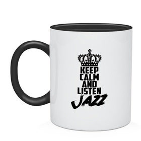 Кружка двухцветная с принтом Keep calm and listen Jazz в Новосибирске, керамика | объем — 330 мл, диаметр — 80 мм. Цветная ручка и кайма сверху, в некоторых цветах — вся внутренняя часть | jazz | африканские ритмы | афроамериканский | блюз | вокально | гармоническая | джаз | джас | европейская | жаз | жас | инструментальная | музыка | музыкальный | регтайм | структура | фольклор