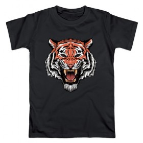 Мужская футболка хлопок с принтом Тигр в Новосибирске, 100% хлопок | прямой крой, круглый вырез горловины, длина до линии бедер, слегка спущенное плечо. | голова | джунгли | животное | зубы | оскал | тигр