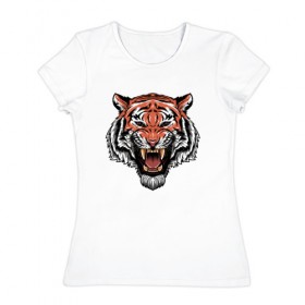 Женская футболка хлопок с принтом Тигр в Новосибирске, 100% хлопок | прямой крой, круглый вырез горловины, длина до линии бедер, слегка спущенное плечо | голова | джунгли | животное | зубы | оскал | тигр