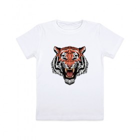 Детская футболка хлопок с принтом Тигр в Новосибирске, 100% хлопок | круглый вырез горловины, полуприлегающий силуэт, длина до линии бедер | Тематика изображения на принте: голова | джунгли | животное | зубы | оскал | тигр