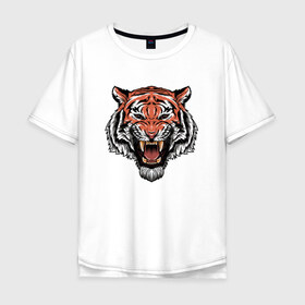 Мужская футболка хлопок Oversize с принтом Тигр в Новосибирске, 100% хлопок | свободный крой, круглый ворот, “спинка” длиннее передней части | голова | джунгли | животное | зубы | оскал | тигр