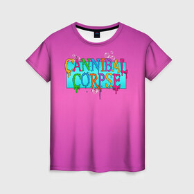 Женская футболка 3D с принтом Cannibal Corpse в Новосибирске, 100% полиэфир ( синтетическое хлопкоподобное полотно) | прямой крой, круглый вырез горловины, длина до линии бедер | band | cannibal corpse | fun | logo | metal | music | rock | группа | детский | метал | музыка | прикол | розовый | рок