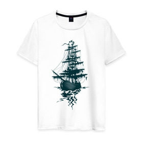 Мужская футболка хлопок с принтом Летучий Голландец в Новосибирске, 100% хлопок | прямой крой, круглый вырез горловины, длина до линии бедер, слегка спущенное плечо. | корабль | легенда | летучий голландец | море | парусник | пираты | призрак | череп
