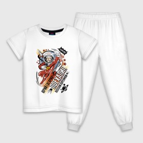 Детская пижама хлопок с принтом Юрий Гагарин в Новосибирске, 100% хлопок |  брюки и футболка прямого кроя, без карманов, на брюках мягкая резинка на поясе и по низу штанин
 | Тематика изображения на принте: 12 апреля | в космосе | день | космонавт | космонавтики | первый | человек
