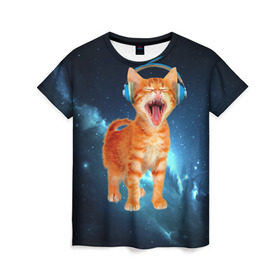 Женская футболка 3D с принтом Котёнок в наушниках в Новосибирске, 100% полиэфир ( синтетическое хлопкоподобное полотно) | прямой крой, круглый вырез горловины, длина до линии бедер | кот | кошка | музыка