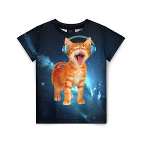 Детская футболка 3D с принтом Котёнок в наушниках в Новосибирске, 100% гипоаллергенный полиэфир | прямой крой, круглый вырез горловины, длина до линии бедер, чуть спущенное плечо, ткань немного тянется | кот | кошка | музыка