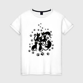 Женская футболка хлопок с принтом Чёрные кошки в Новосибирске, 100% хлопок | прямой крой, круглый вырез горловины, длина до линии бедер, слегка спущенное плечо | котята | лапки | силуэты | следы