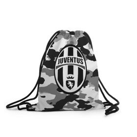 Рюкзак-мешок 3D с принтом FC Juventus Camouflage в Новосибирске, 100% полиэстер | плотность ткани — 200 г/м2, размер — 35 х 45 см; лямки — толстые шнурки, застежка на шнуровке, без карманов и подкладки | Тематика изображения на принте: football | italia | juve | juventus | logo | sport | арт | италия | лига | лого | спорт | текстура | фк | футбол | футбольный клуб | эмблема | ювентус