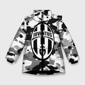 Зимняя куртка для девочек 3D с принтом FC Juventus Camouflage в Новосибирске, ткань верха — 100% полиэстер; подклад — 100% полиэстер, утеплитель — 100% полиэстер. | длина ниже бедра, удлиненная спинка, воротник стойка и отстегивающийся капюшон. Есть боковые карманы с листочкой на кнопках, утяжки по низу изделия и внутренний карман на молнии. 

Предусмотрены светоотражающий принт на спинке, радужный светоотражающий элемент на пуллере молнии и на резинке для утяжки. | football | italia | juve | juventus | logo | sport | арт | италия | лига | лого | спорт | текстура | фк | футбол | футбольный клуб | эмблема | ювентус