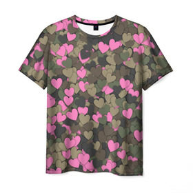 Мужская футболка 3D с принтом Какмуфляж с сердечками в Новосибирске, 100% полиэфир | прямой крой, круглый вырез горловины, длина до линии бедер | Тематика изображения на принте: 14 февраля | день святого валентина | камуфляж | любовь | милитари | паттерн | розовый | сердечко | сердце | хаки