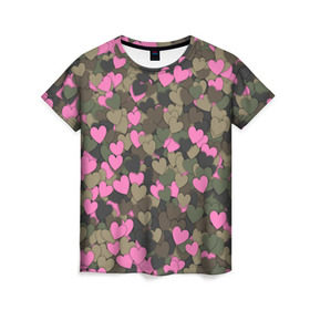 Женская футболка 3D с принтом Какмуфляж с сердечками в Новосибирске, 100% полиэфир ( синтетическое хлопкоподобное полотно) | прямой крой, круглый вырез горловины, длина до линии бедер | 14 февраля | день святого валентина | камуфляж | любовь | милитари | паттерн | розовый | сердечко | сердце | хаки