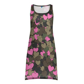 Платье-майка 3D с принтом Какмуфляж с сердечками в Новосибирске, 100% полиэстер | полуприлегающий силуэт, широкие бретели, круглый вырез горловины, удлиненный подол сзади. | 14 февраля | день святого валентина | камуфляж | любовь | милитари | паттерн | розовый | сердечко | сердце | хаки